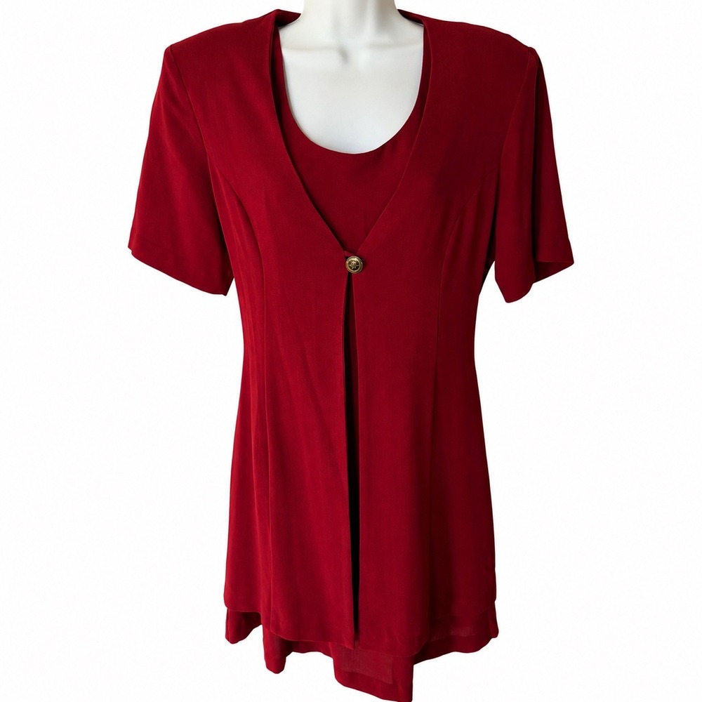 Vintage 90s Red 2 Piece Dress Set A-Line Mini Lace Up Back Overlay Jacket Red